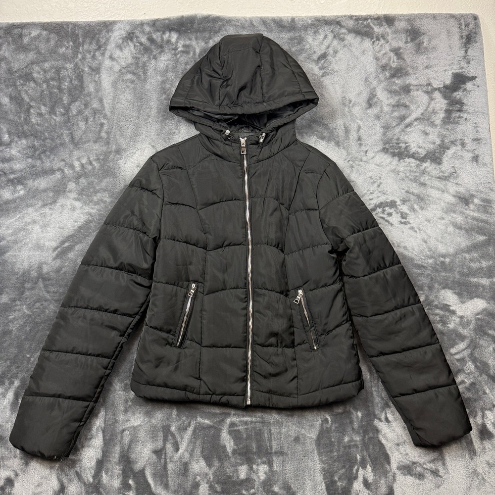 Ambiance Outerwear Puffer Jacket Womens Large Black Hooded Quilted Full Zip Coat